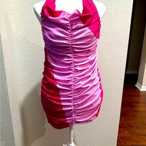 Tiger Mist - NWT, Pink and Red Ruched Halter Dress. Show off in a pink mini.